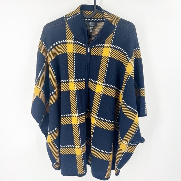 ✅Jones New York Signature Cotton Wool Blend Plaid Poncho LARGE/X-LARGE NAVY/GOLD - Picture 1 of 7